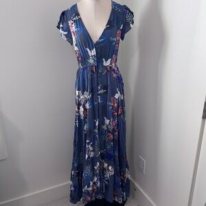 Jaase Small Blue Floral Maxi Dress ~ Button Front Classic Shower Beach Peasant